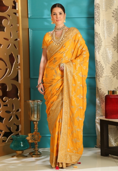 Yellow silk festival wear saree  4111